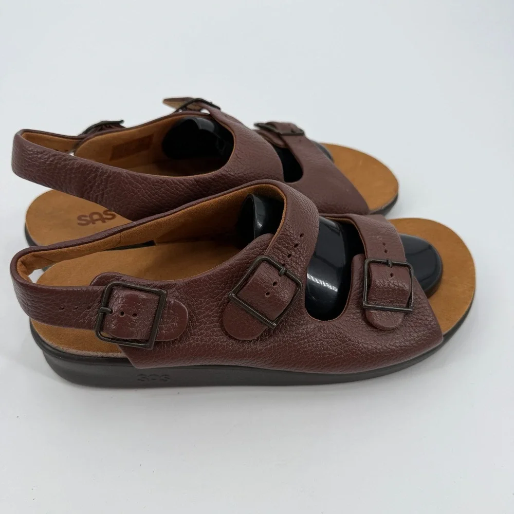SAS Bravo Mens Brown Leather Slingback Sandals Triple Buckle 12 WW Extra Wide